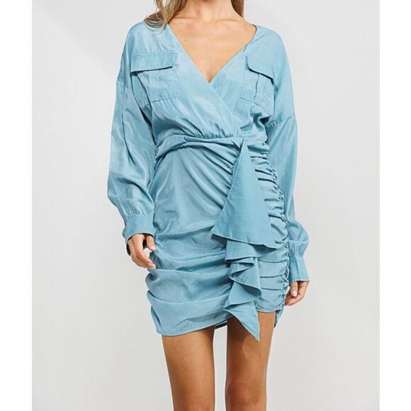 Tencel Deep V Blue Dress - Picture 1 of 8